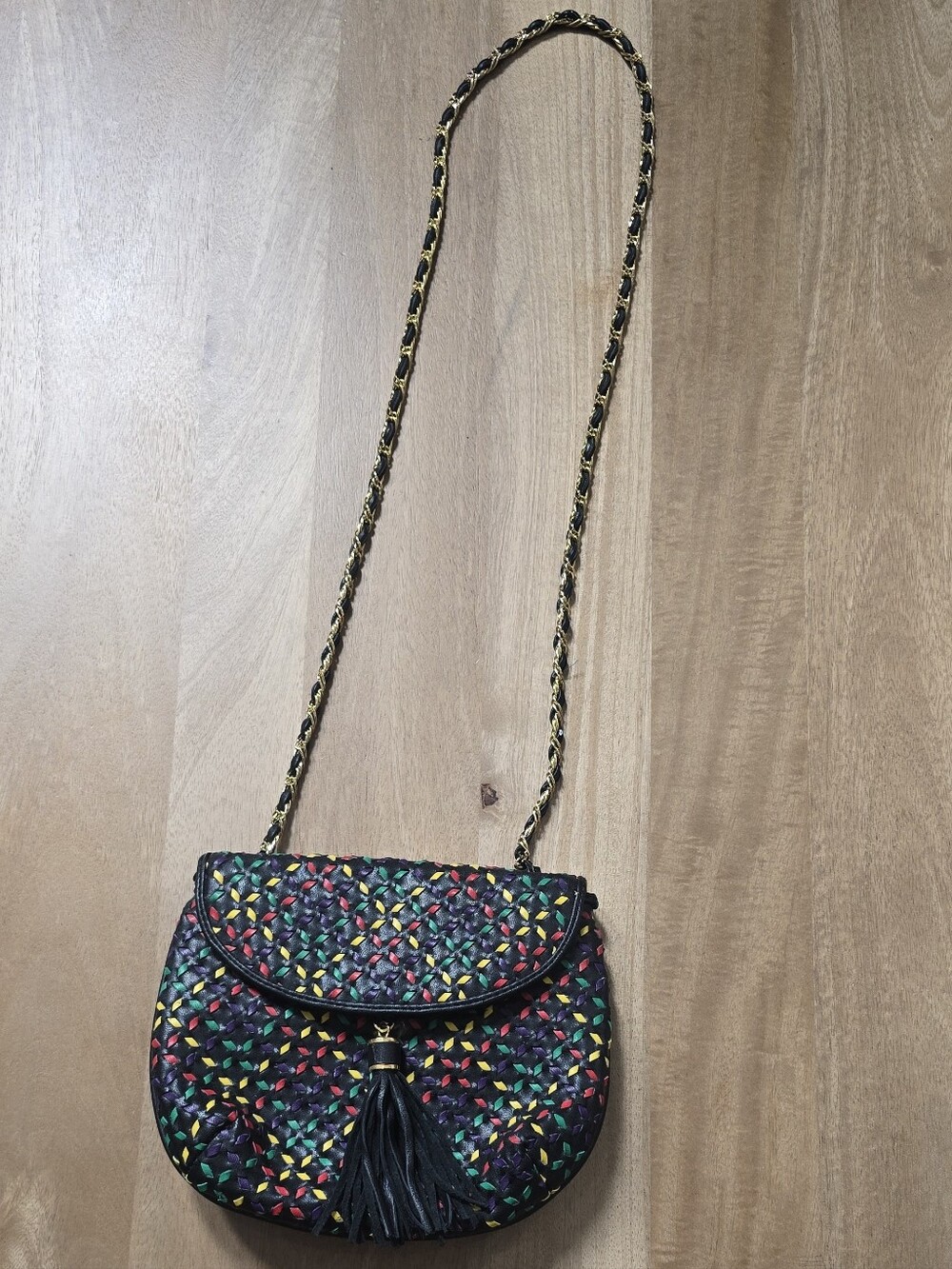 Woven Black Multicolor Crossbody Bag with Tassel Accent
